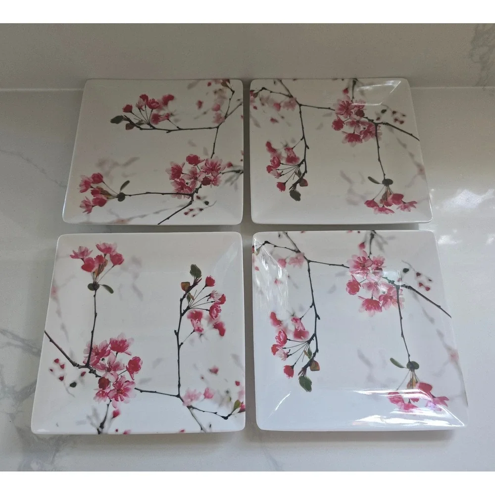13pc Melamine Dinnerware Set Pink Cherry Blossom Square Plates Serving Bowls